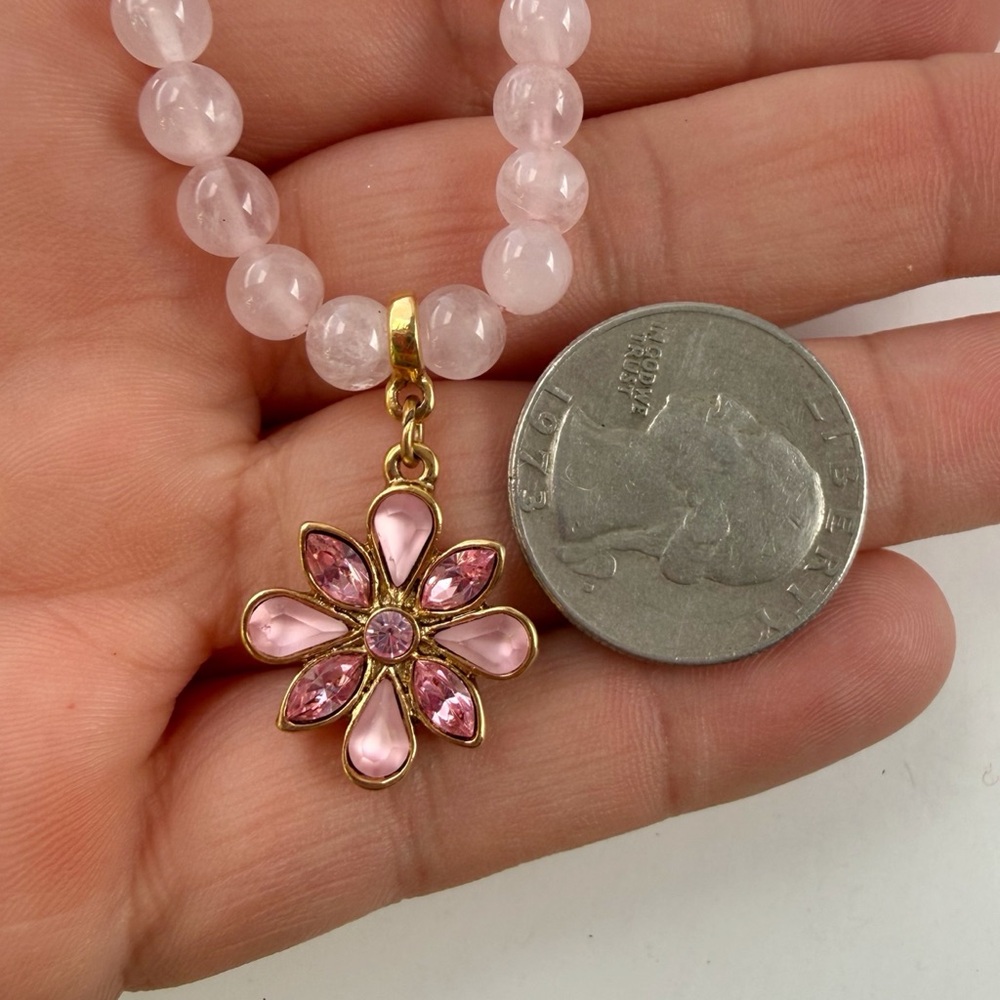 Vintage 1928 Rose Quartz Beaded Pink Crystal Rhinestone Flower Necklace 32” - Picture 2 of 5
